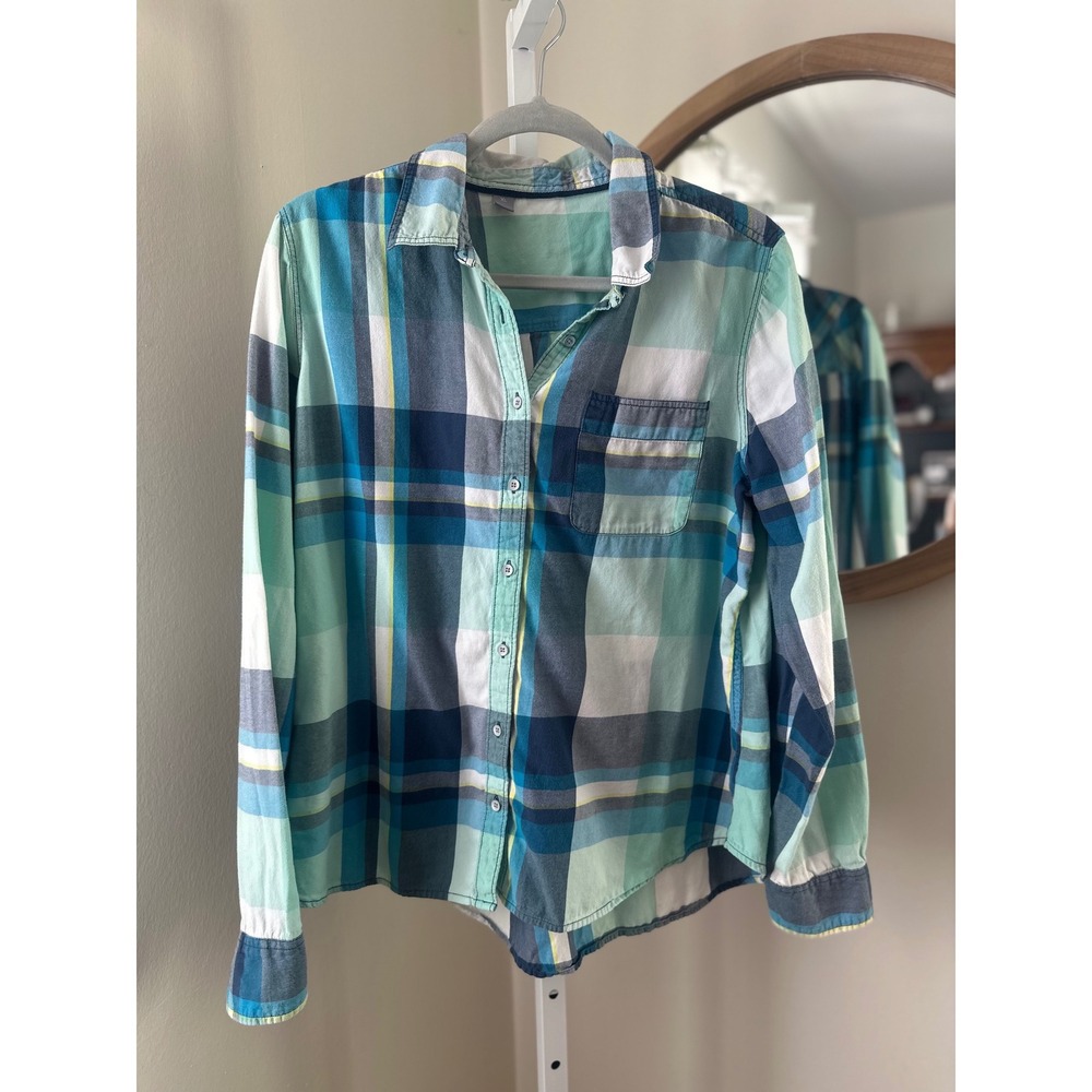 Old Navy Womens XL Plaid Button Down Shirt Blue Green Cotton Long Sleeve
